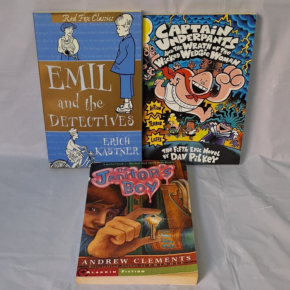 Kids Chapter Book Lot of 3 - Captain Underpants, Janitors Boy, Emil Detectives